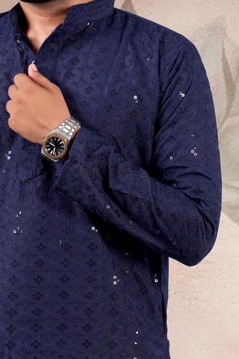LATEST CHIKAN Men's Cotton Regular Textured Long Kurta Full Sleeves - Casual Ethnic Wear - Image 2