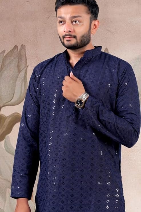 LATEST CHIKAN Men's Cotton Regular Textured Long Kurta Full Sleeves - Casual Ethnic Wear - Image 3