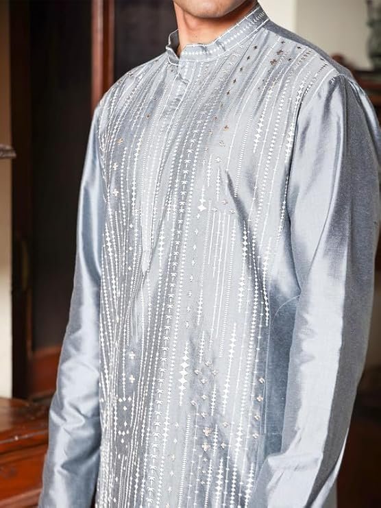 Maruta Sky Blue Embroidered Katan Kurta for Men – Elegant, and Perfect for Festive & Special Occasions - Image 3