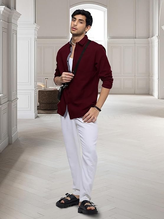Men Stylish Men's Shirt Soild Regular Fit Long Sleeve Formal Wear Purple - Image 3