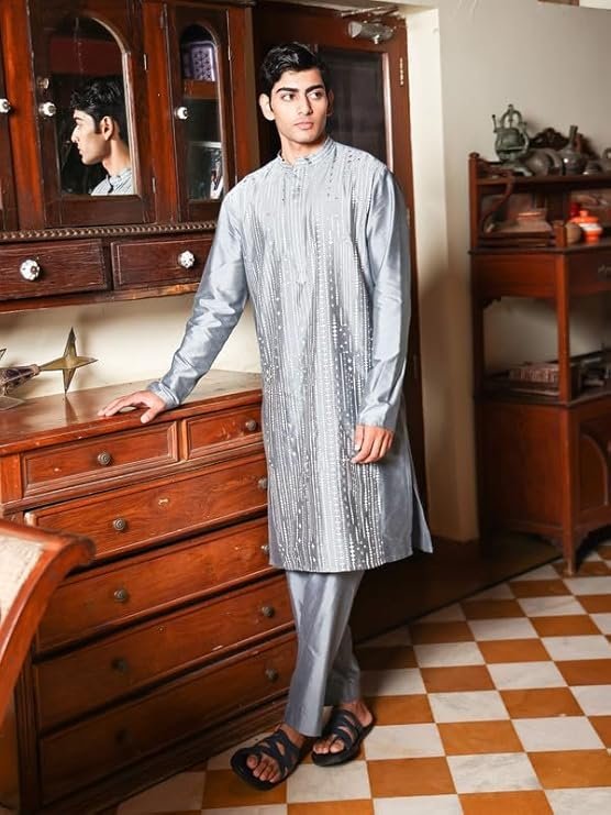 Maruta Sky Blue Embroidered Katan Kurta for Men – Elegant, and Perfect for Festive & Special Occasions - Image 2