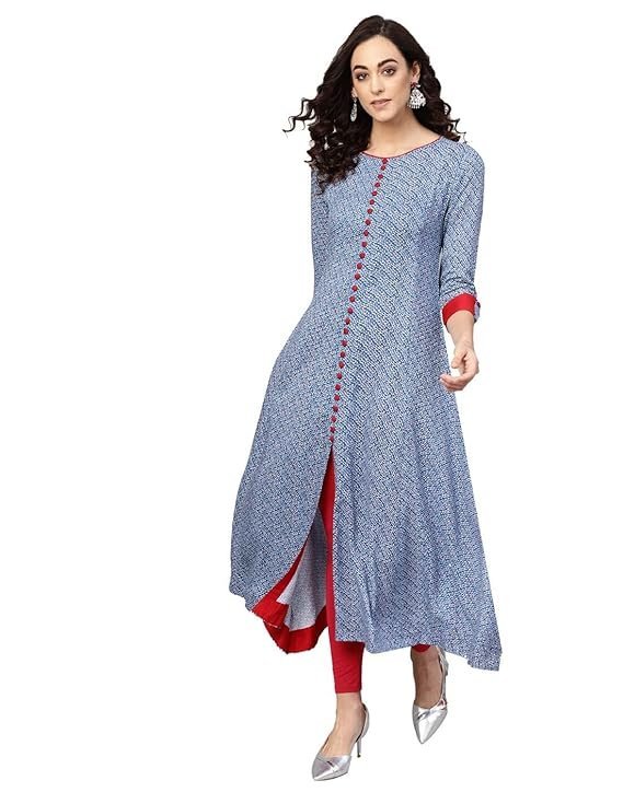 Women's Printed Front-Slit Anarkali Kurti - Blue & Red