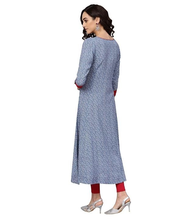 Women's Printed Front-Slit Anarkali Kurti - Blue & Red - Image 2