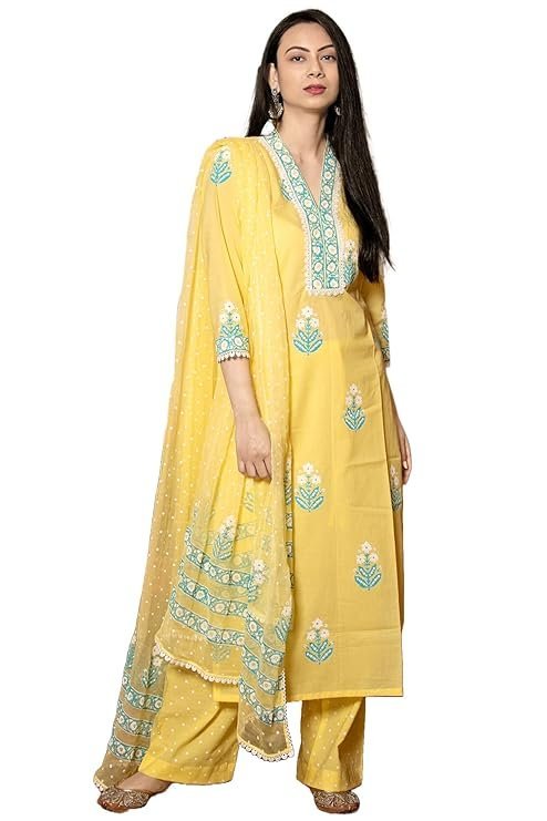 Cotton Blend Straight Hand Block Printed Kurta with Pant & Dupatta