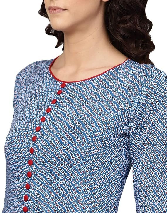 Women's Printed Front-Slit Anarkali Kurti - Blue & Red - Image 3
